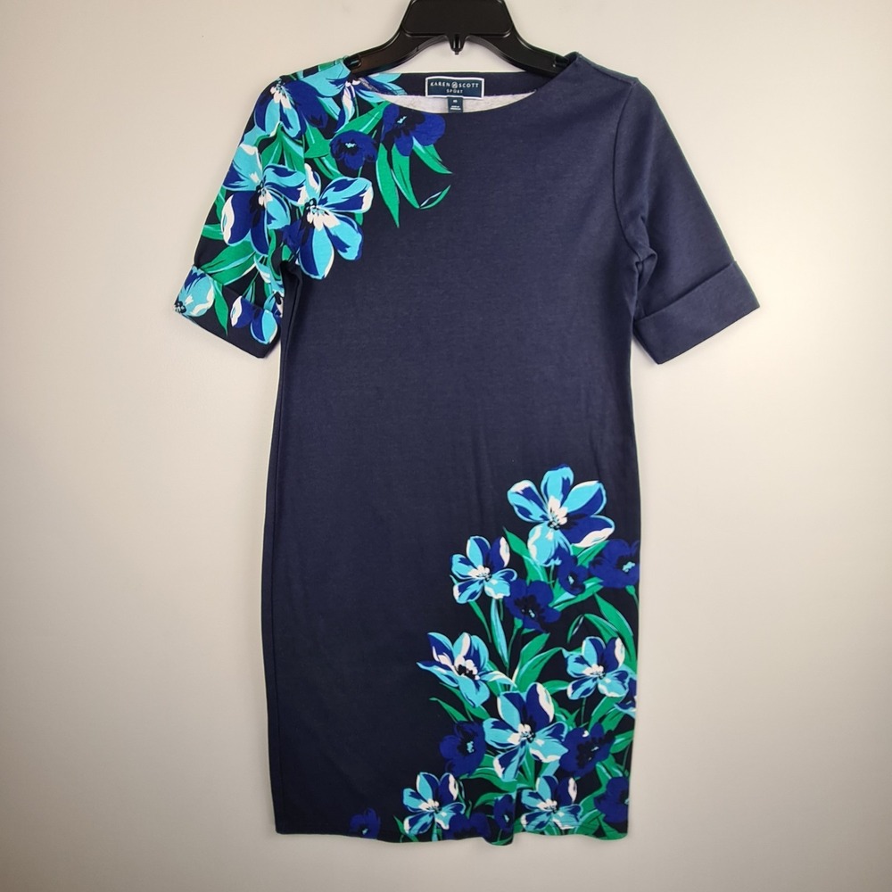 Karen Scott Women's Short Sleeve Navy Blue Floral Print T-Shirt‎ Dress XS Casual